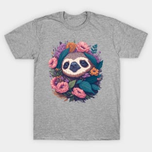 Cute Sloth head with flowers and foliage t-shirts and apparel, stickers, mugs, cases, pillow, T-Shirt